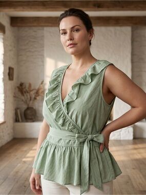 LC Lauren Conrad Sage Green Ruffled Wrap Peplum Blouse